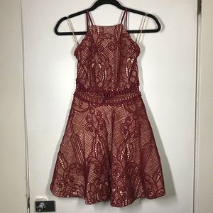 Akira Maroon and nude lace dress